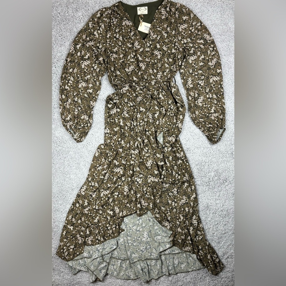 Mia Joy Dress Womens Medium Ella Dress Joyfolie Olive Floral Flowers Boho NEW
